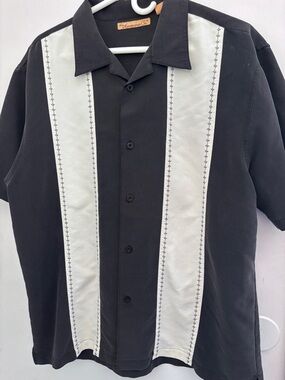 The Havanera Co. Men's Large Black and White Cigar Shirt Embroidered Button-Up